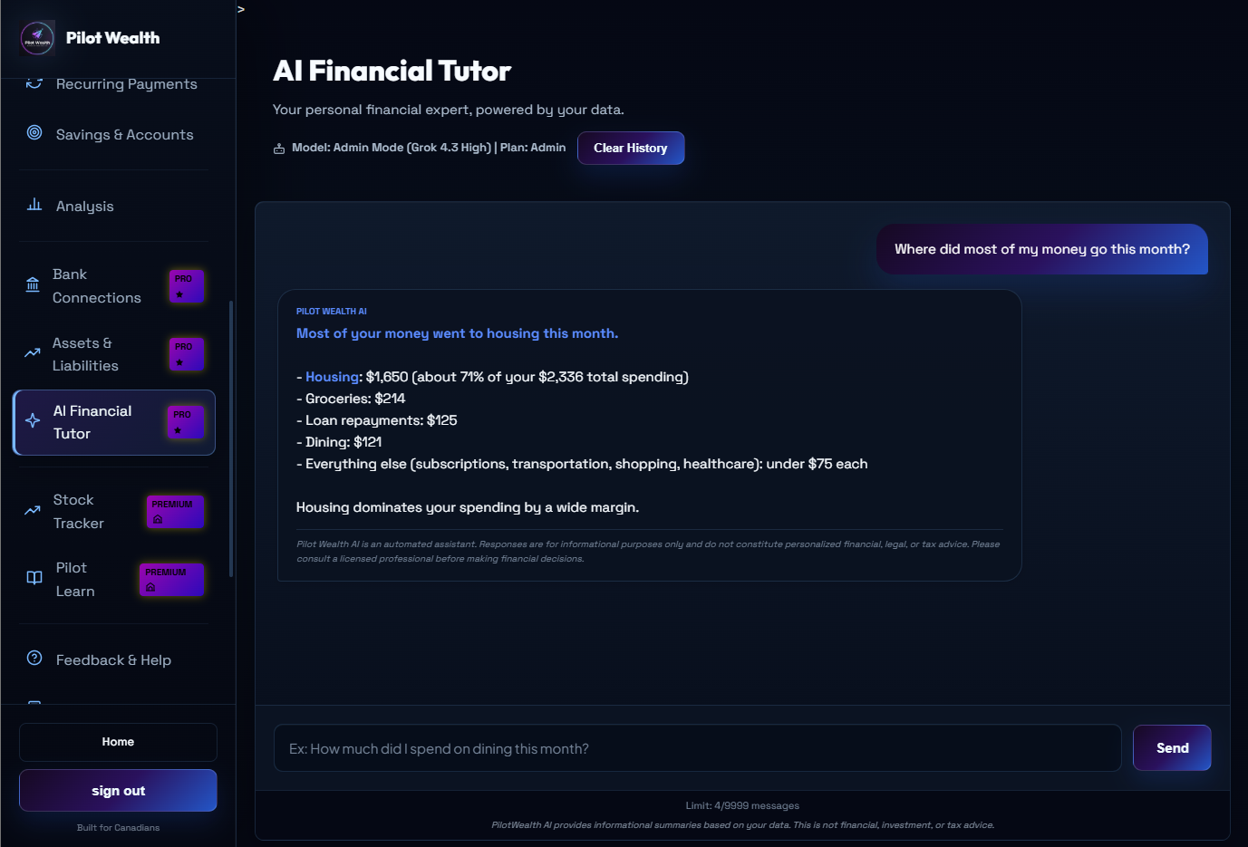 Pilot Wealth AI coach breaking down spending by category