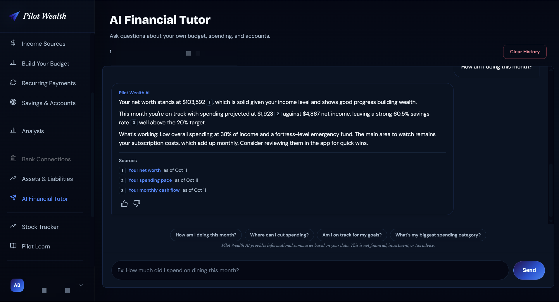 Pilot Wealth AI coach breaking down spending by category