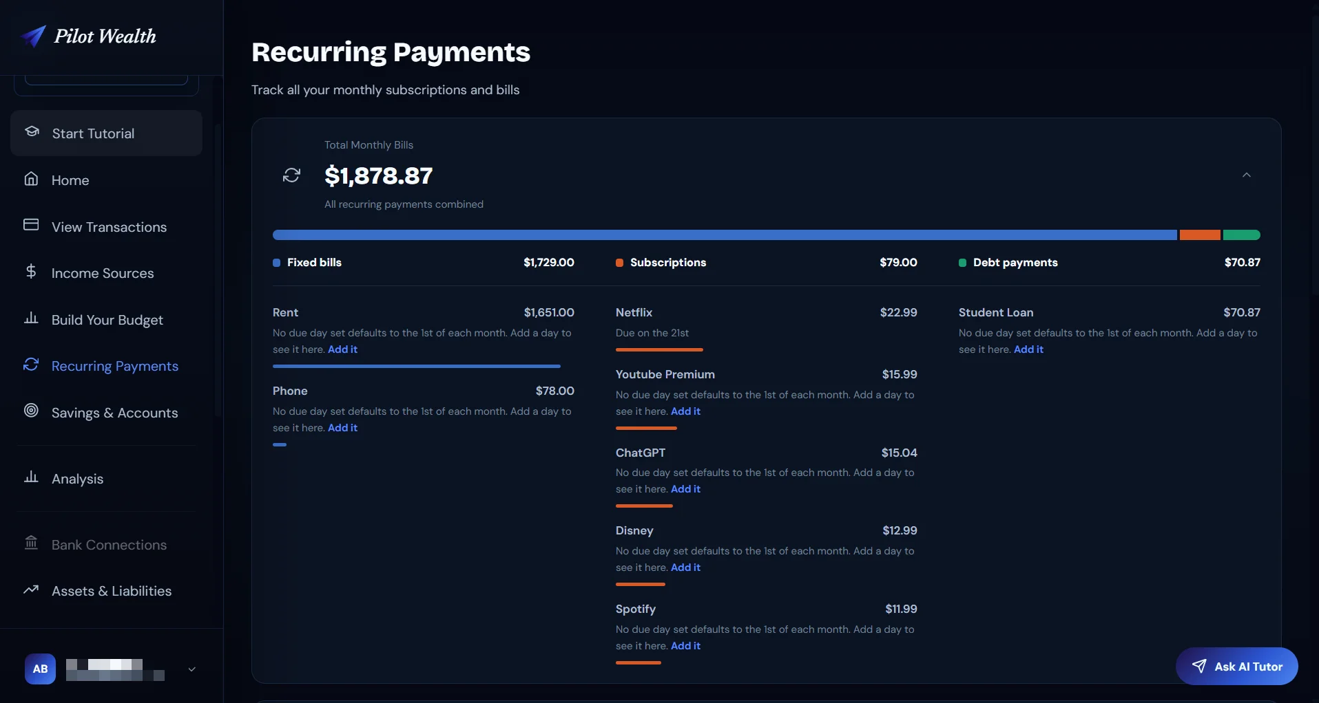 Pilot Wealth budget tracker showing category spending vs limits