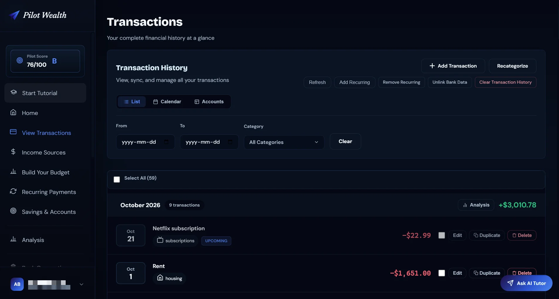 Pilot Wealth transactions view with categorized spending