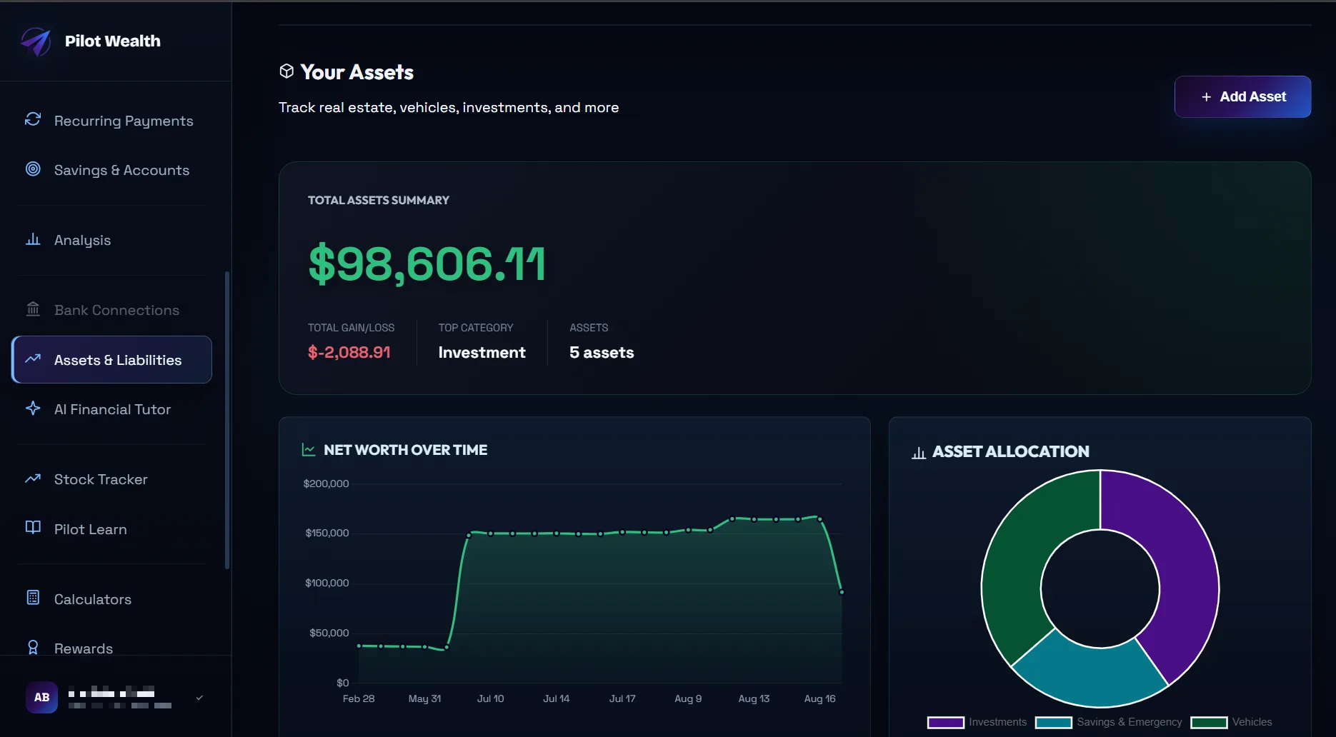 Pilot Wealth assets and net worth breakdown
