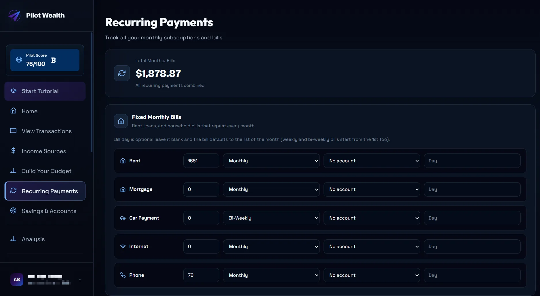 Pilot Wealth budget tracker showing category spending vs limits