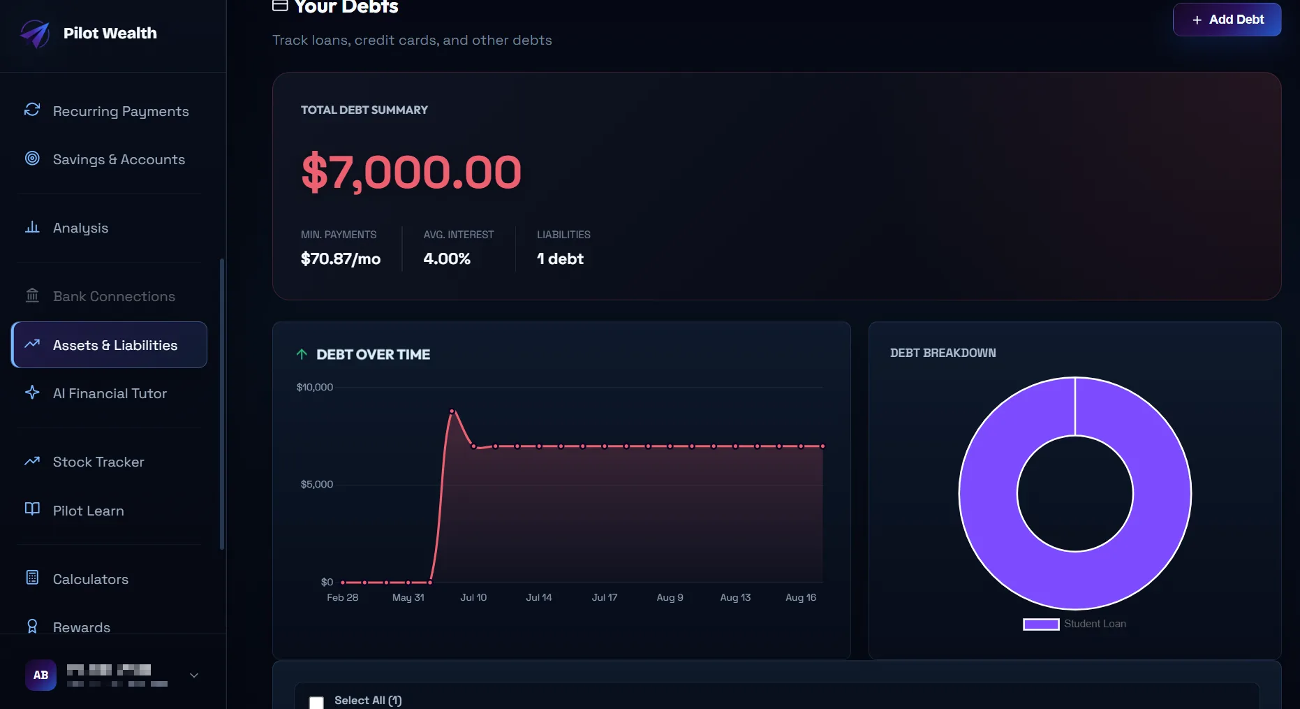 Pilot Wealth debt tracking and payoff view