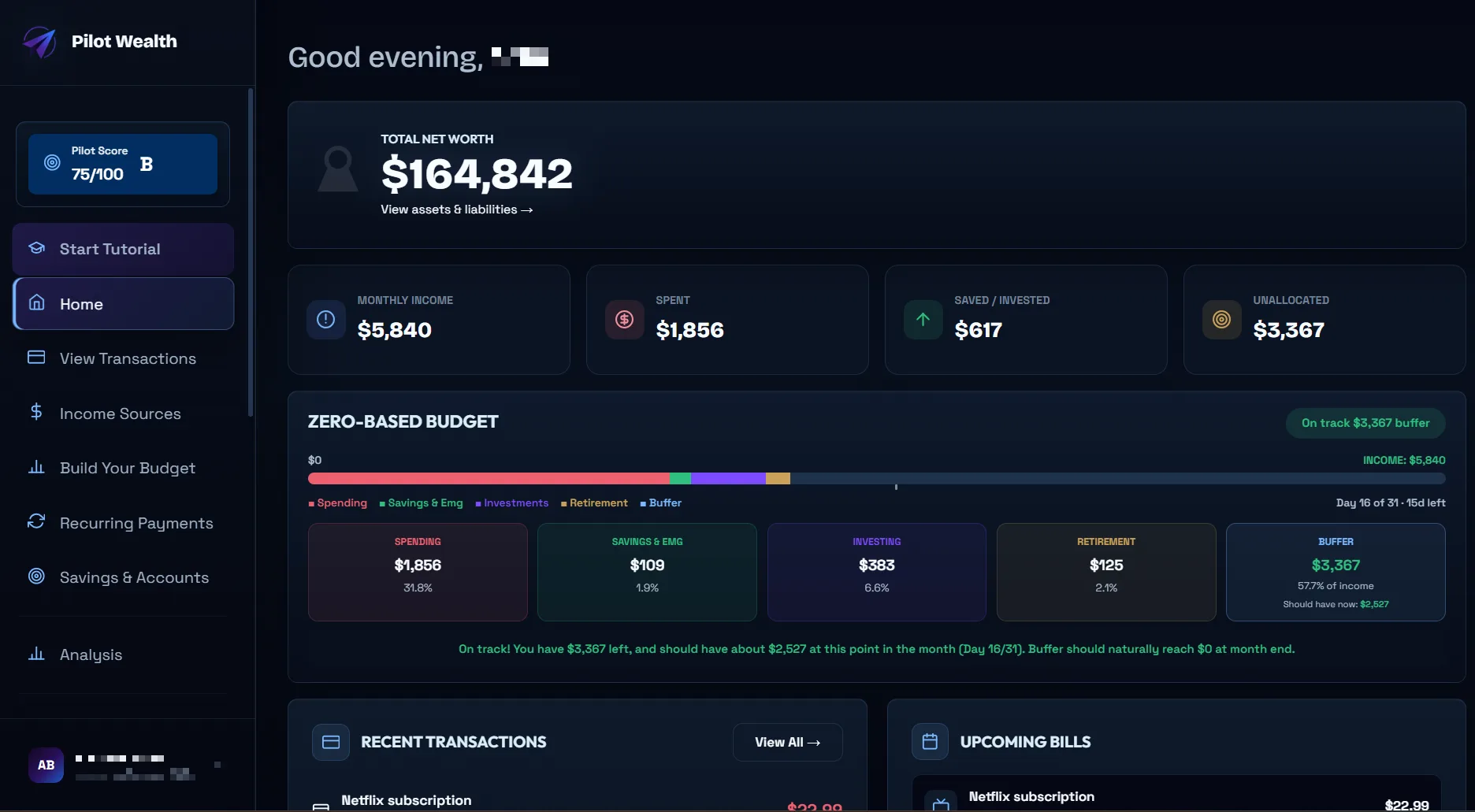 Pilot Wealth dashboard: net worth, income, spending, and zero-based budget overview