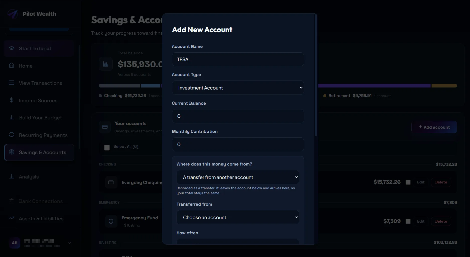 Pilot Wealth savings goals with progress tracking